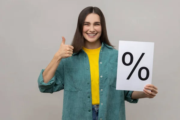 Smiling Woman Holding Showing Paper Percent Sign Inscription Looking Camera — Stock Photo, Image