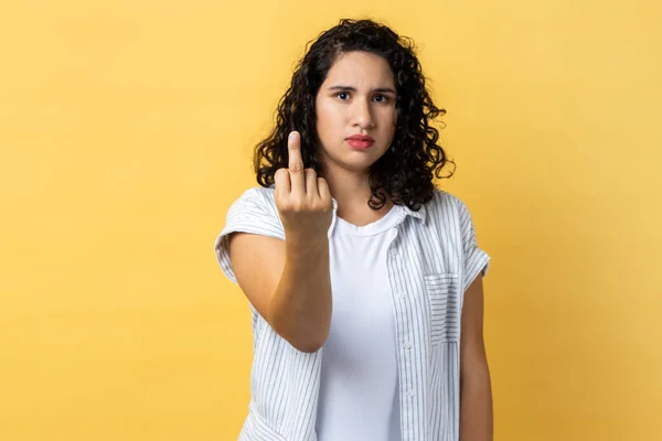 Portrait Woman Dark Wavy Hair Showing Middle Finger Asking Get — Stock Photo, Image