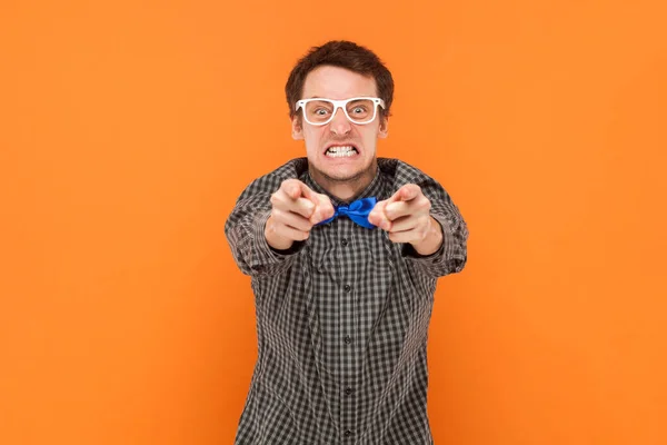 Portrait Angry Aggressive Carazy Man Nerd Pointing You Looking Camera — Stock Photo, Image