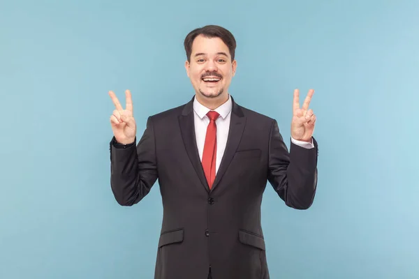 Excited Happy Positive Man Mustache Standing Showing Sign Looking Camera — Stock Photo, Image