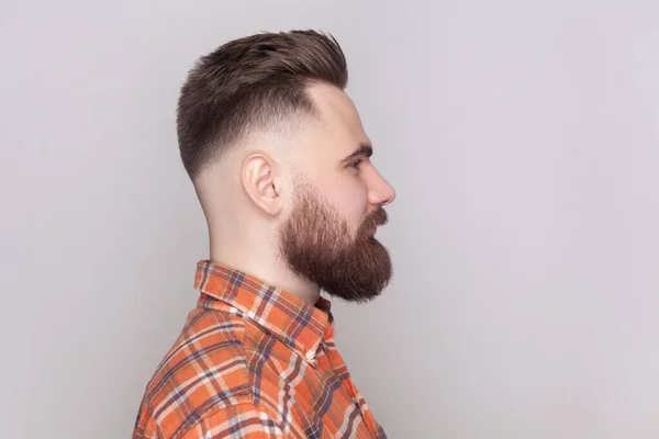 Side View Portrait Serious Strict Bossy Bearded Man Standing Looking — Stock Photo, Image