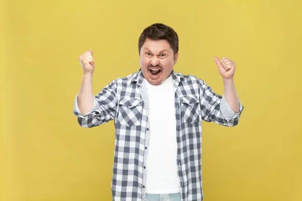 Extremely Happy Overjoyed Middle Aged Man Casual Checkered Shirt Standing — Stock Photo, Image