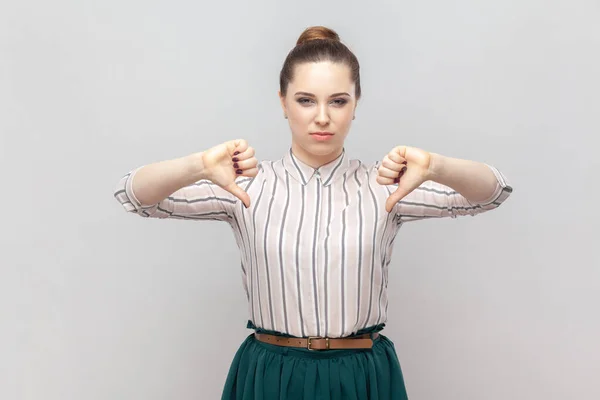 Portrait Dissatisfied Displeased Attractive Woman Wearing Striped Shirt Green Skirt — Stock Photo, Image
