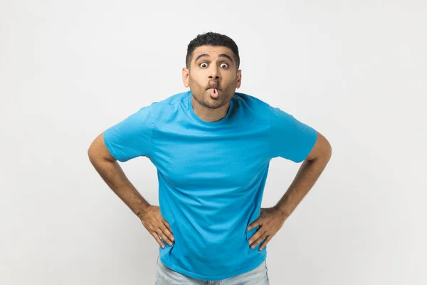 Portrait Funny Crazy Childish Unshaven Man Wearing Blue Shirt Standing — Stock Photo, Image