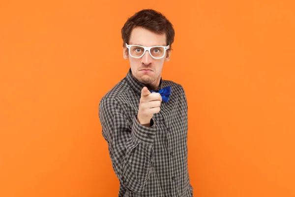 Self Assured Serious Man Nerd Points Index Finger Camera Chooses — Stock Photo, Image