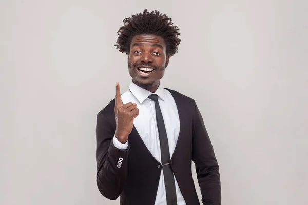 Clever Man Afro Hairstyle Get New Idea Raises Fore Finger — Stock Photo, Image