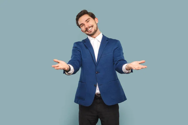 Portrait Friendly Positive Man Mustache Standing Spread Hands Saying Welcome — Stock Photo, Image
