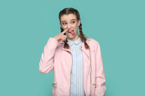 Portrait Funny Childish Teenager Girl Braids Wearing Pink Jacket Standing — Stock Photo, Image