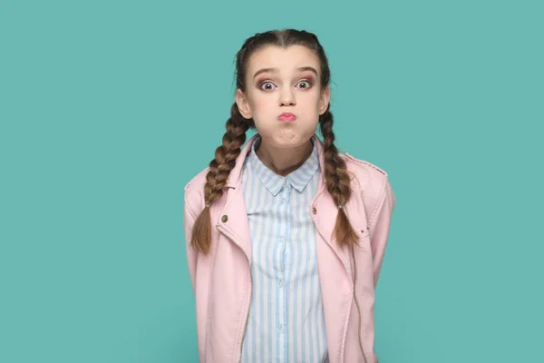 Portrait Funny Teenager Girl Braids Wearing Pink Jacket Blowing Cheeks — Stock Photo, Image