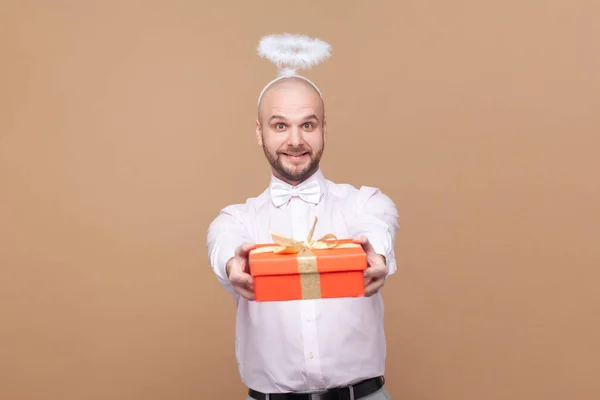 Portrait Friendly Bald Bearded Man Nimb Head Congratulating Valentines Day — Stock Photo, Image