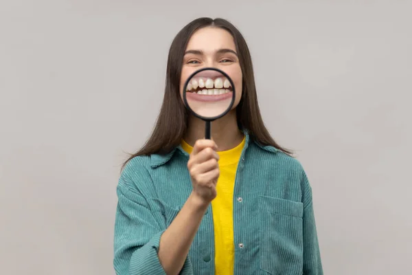 Smile Zoom Tooth Care Concept Portrait Optimistic Funny Woman Holding — Stock Photo, Image