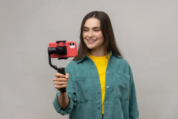 Trendy Beautiful Woman Holding Smartphone Steadycam Hand Blogger Making Selfie — Stock Photo, Image