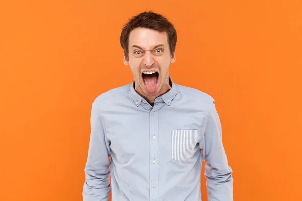 Portrait Crazy Funny Man Standing Widely Open Mouth Sticking Tongue — Stock Photo, Image