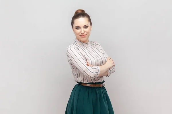 Portrait Positive Self Confident Beautiful Woman Wearing Striped Shirt Green — Stock Photo, Image