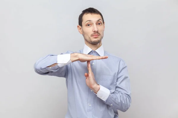 Portrait Serious Handsome Young Adult Man Standing Showing Timeout Gesture — Stock Photo, Image