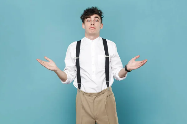 Portrait Puzzled Confused Man Wearing White Shirt Suspender Shrugging Shoulders — Stock Photo, Image