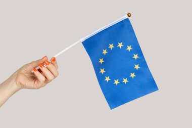 Kadın eli AB bayrağı, Avrupa ülkelerine seyahat ve göç gösteriyor. Gri arka planda izole edilmiş kapalı stüdyo görüntüleri.