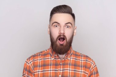 Şaşırmış sakallı bir adamın portresi kameraya geniş bir ağızla bakarken, kareli gömlek giymiş, şaşırmış bir şey görür. Gri arka planda izole edilmiş kapalı stüdyo görüntüleri.