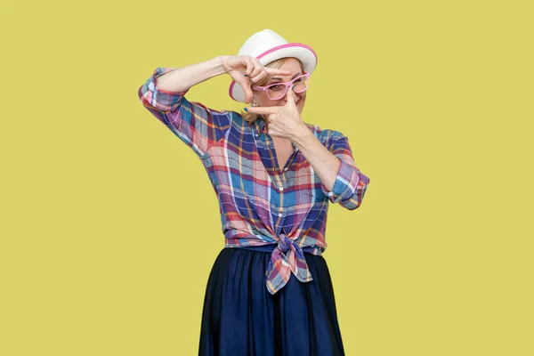 Portrait Positive Mature Woman Wearing Checkered Shirt Hat Eyeglasses Standing — Stock Photo, Image