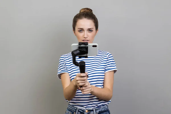 Portrait Beautiful Stylish Woman Wearing Striped Shirt Holding Mobile Phone — Stock Photo, Image