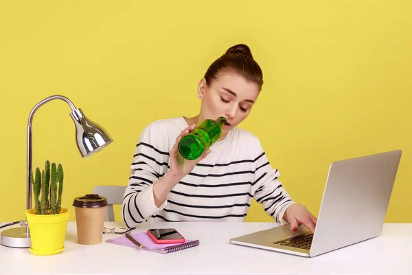 Portrait Woman Office Manger Drinking Beer Sitting Workplace Closed Eyes — Stock Photo, Image