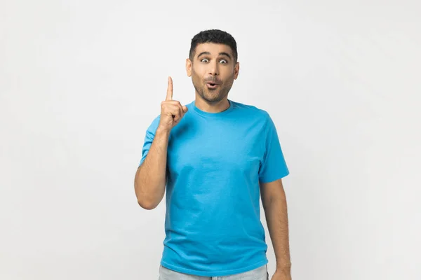 Portrait Excited Amazed Clever Smart Unshaven Man Wearing Blue Shirt — Stock Photo, Image