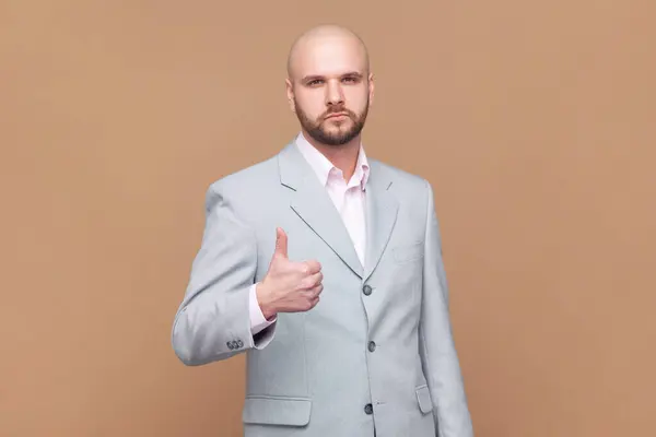 Portrait of serious attractive bald bearded man standing showing thumb up, recommend good service, positive feedback, wearing gray jacket. Indoor studio shot isolated on brown background.
