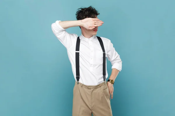 Don Want Look Portrait Man Wearing White Shirt Suspender Standing — Stock Photo, Image