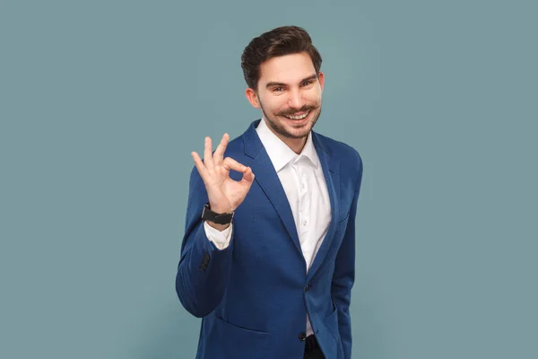 Portrait Handsome Man Mustache Showing Gesture Saying Your Work Excellent — Stock Photo, Image