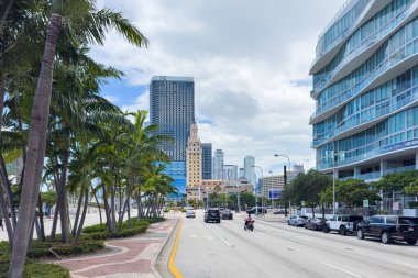Miami, Florida - 25 Ağustos 2023 Miami şehir merkezi, kuleler ve yeşil palmiyeler.