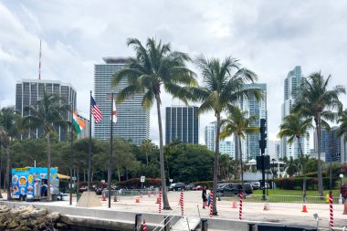 Miami, Florida - 25 Ağustos 2023 Miami Beach 'te yüksek palmiyeli ve modern binalı yol.