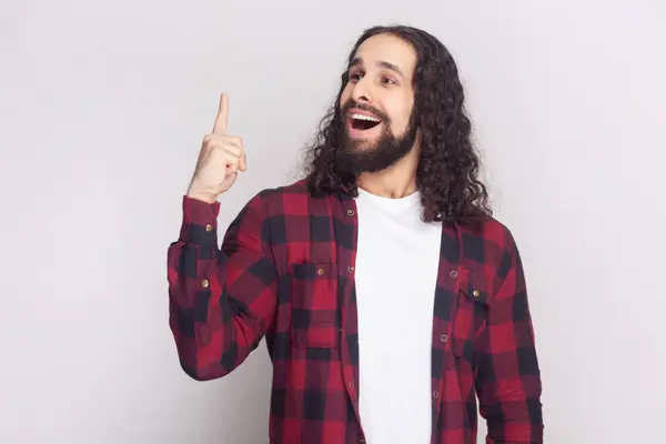 Portrait Amazed Handsome Bearded Man Long Curly Hair Checkered Red — Stock Photo, Image