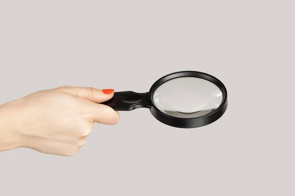 Closeup Woman Hand Showing Loupe Magnificing Glass Equipment Inspecting Zooming — Stock Photo, Image