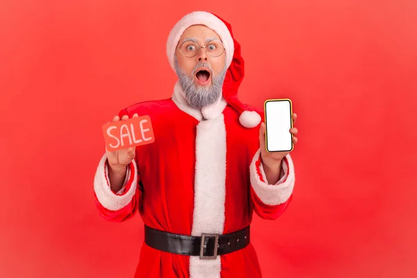 Portrait Shocked Elderly Man Gray Beard Wearing Santa Claus Costume — Stock Photo, Image