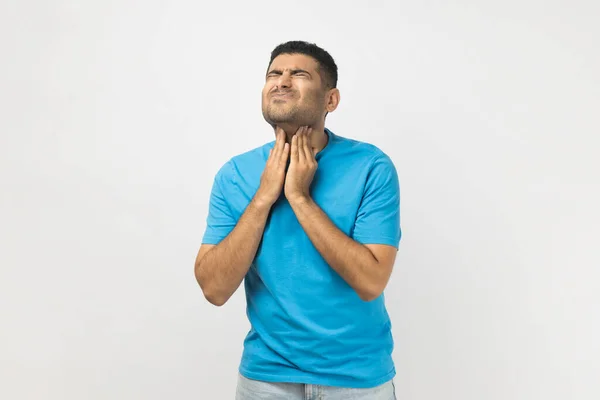 Portrait Sick Sad Unshaven Man Wearing Blue Shirt Standing Touching — Stock Photo, Image