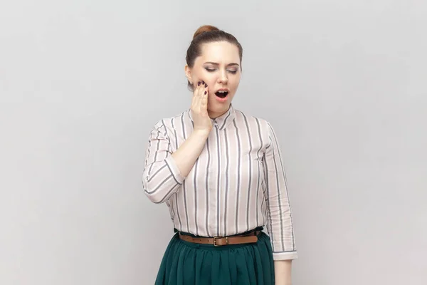 Portrait Sick Unhealthy Ill Woman Wearing Striped Shirt Green Skirt — Stock Photo, Image