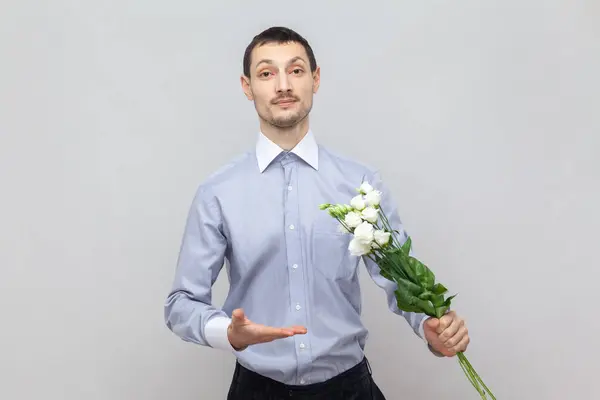 Portrait Handsome Young Adult Man Standing Bouquet Flowers Showing Beautiful — Stock Photo, Image