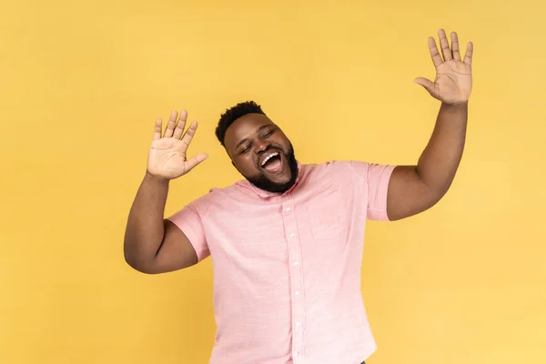 Portrait Excited Positive Man Beard Wearing Pink Shirt Dancing Raising — Stock Photo, Image