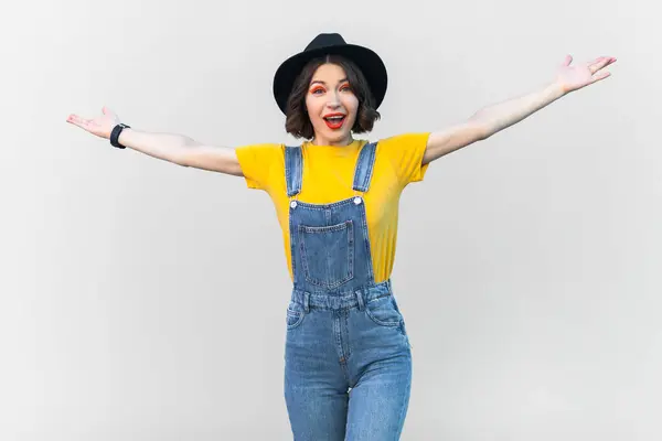 Portrait Amazed Excited Happy Hipster Woman Blue Denim Overalls Yellow — Stock Photo, Image