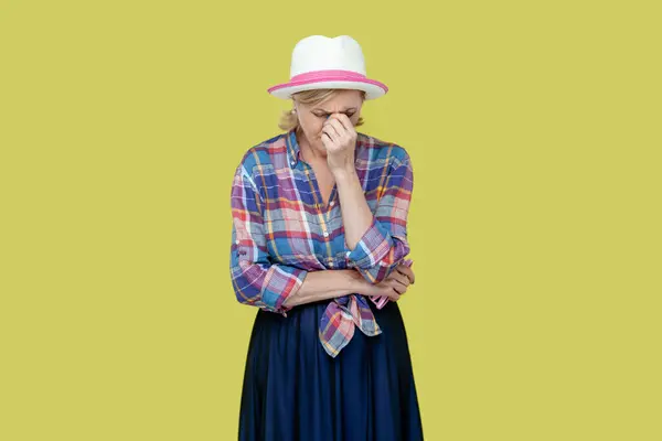 Portrait Mature Woman Wearing Checkered Shirt Hat Wipes Tears Watching — Stock Photo, Image