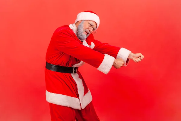 Elderly Man Gray Beard Santa Claus Costume Pretending Pull Invisible — Stock Photo, Image