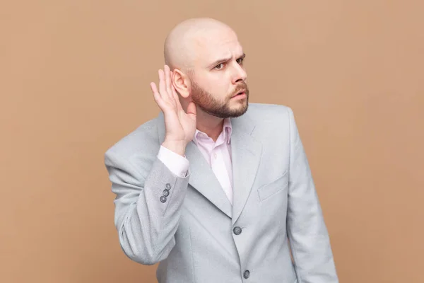 Portrait Bald Man Overhearing Listening Intently Secret Information Private Talk — Stock Photo, Image