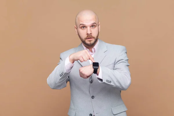 You Late Portrait Serious Bossy Bald Bearded Man Standing Looking — Stock Photo, Image