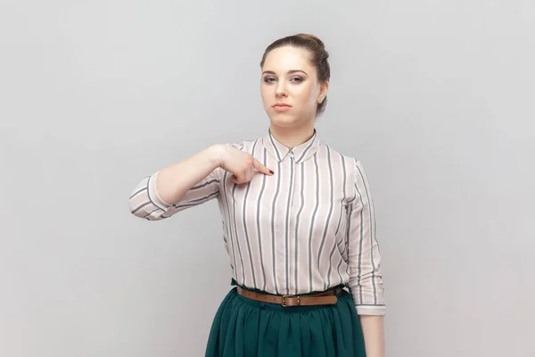 Portrait Strict Bossy Serious Woman Wearing Striped Shirt Green Skirt — Stock Photo, Image