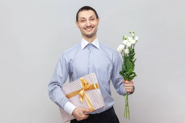 Smiling Happy Positive Man Standing Present Box Bouquet Flowers Congratulate — Stock Photo, Image