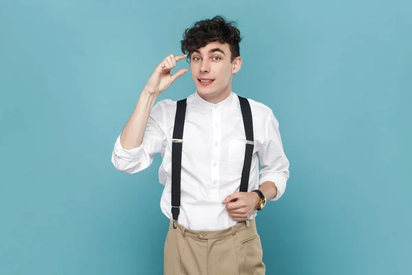 Portrait Attractive Man Wearing White Shirt Suspender Showing Little Small — Stock Photo, Image