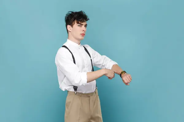 Portrait Impatient Angry Man Wearing White Shirt Suspender Pointing Wrist — Stock Photo, Image