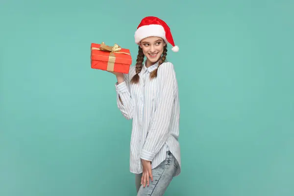 Portrait Smiling Happy Teenager Girl Braids Wearing Striped Shirt Santa — Stock Photo, Image
