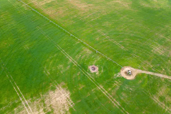 Aerial View Drone Field Being Irrigated Gigantic Powerful Irrigation System — Stock Photo, Image