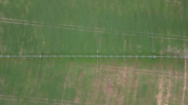 无人机对被巨大而强大的灌溉系统灌溉的田野的空中观察 免版税图库视频